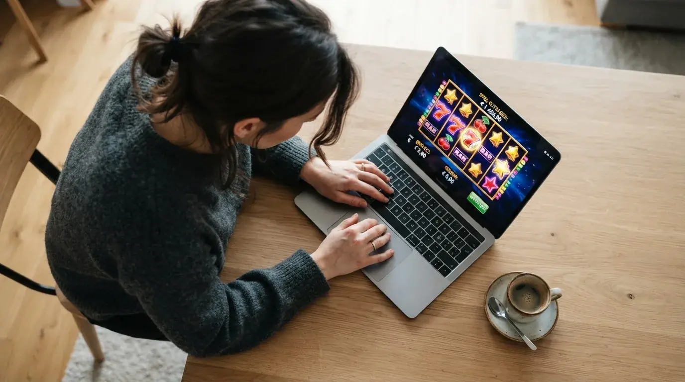 Person am Laptop liest eine Übersichtsseite zu Glücksspielen im Internet — 10 euro bonus ohne einzahlung casino