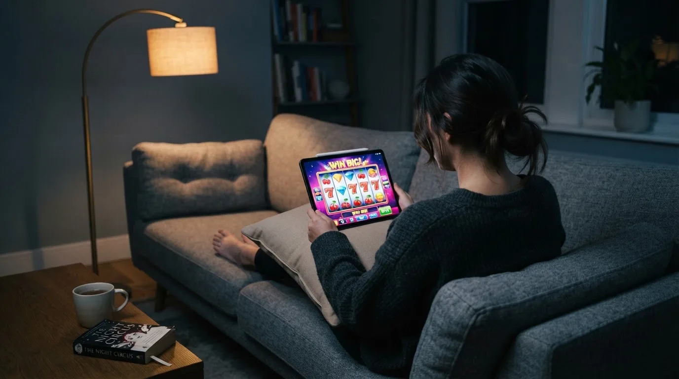 Person sitzt entspannt auf einem Sofa und blickt konzentriert auf ein Tablet in gedämpftem Wohnzimmerlicht am Abend.