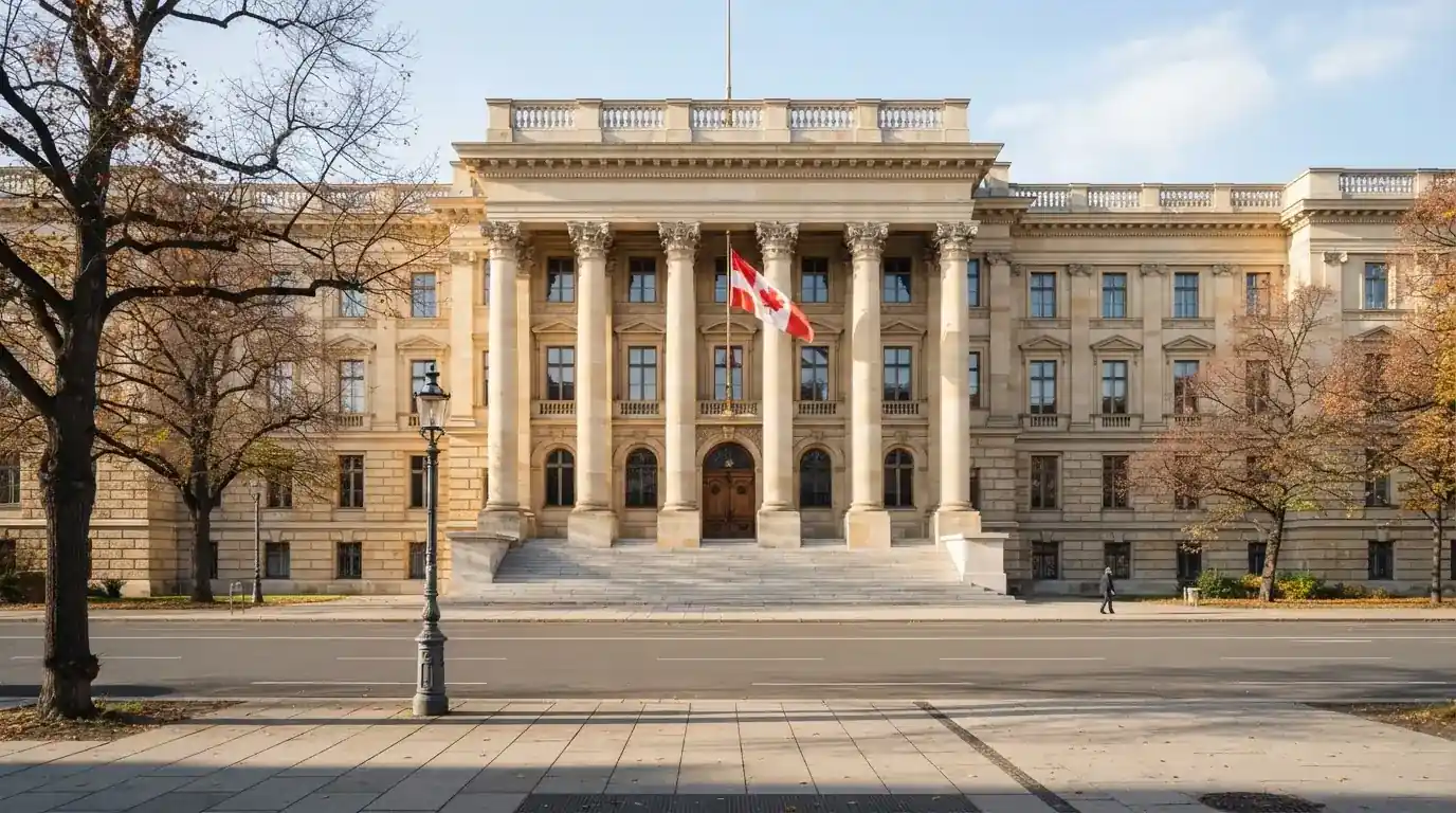 Fassade eines klassizistischen Wiener Amtsgebäudes mit österreichischer Flagge an einem klaren Nachmittag.