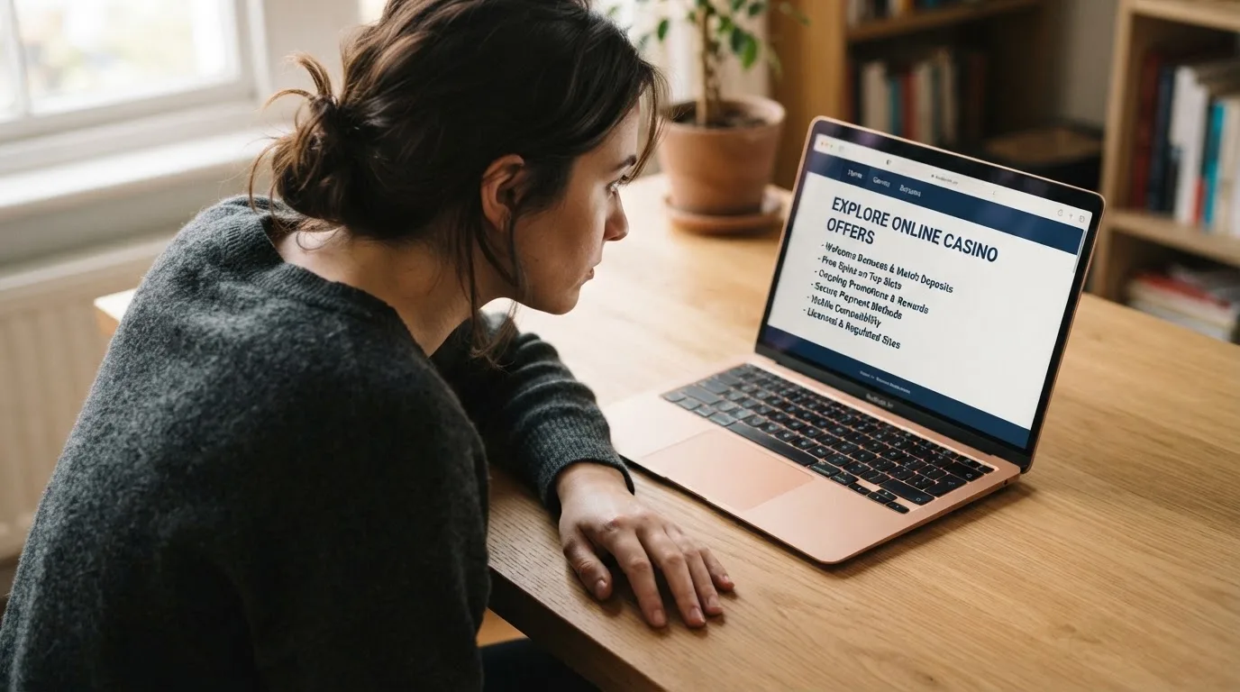 Person am Laptop liest eine Übersichtsseite zu Glücksspielen im Internet — 20 freispiele ohne einzahlung