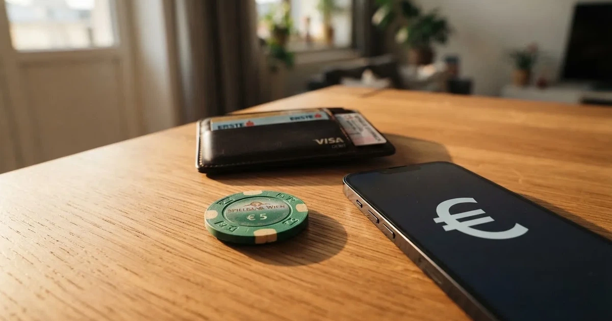Kartenterminal und Smartphone auf einem Holztisch neben einer Geldbörse — 30 euro bonus ohne einzahlung casino