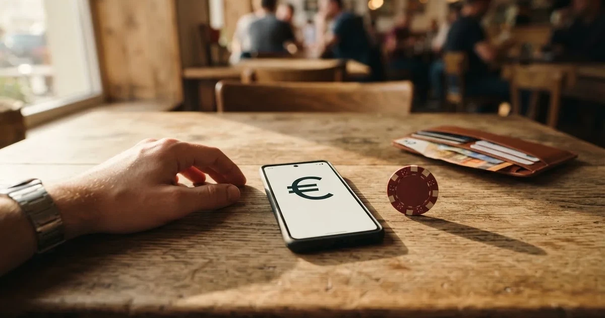 Kartenterminal und Smartphone auf einem Holztisch neben einer Geldbörse — 40 euro bonus ohne einzahlung casino