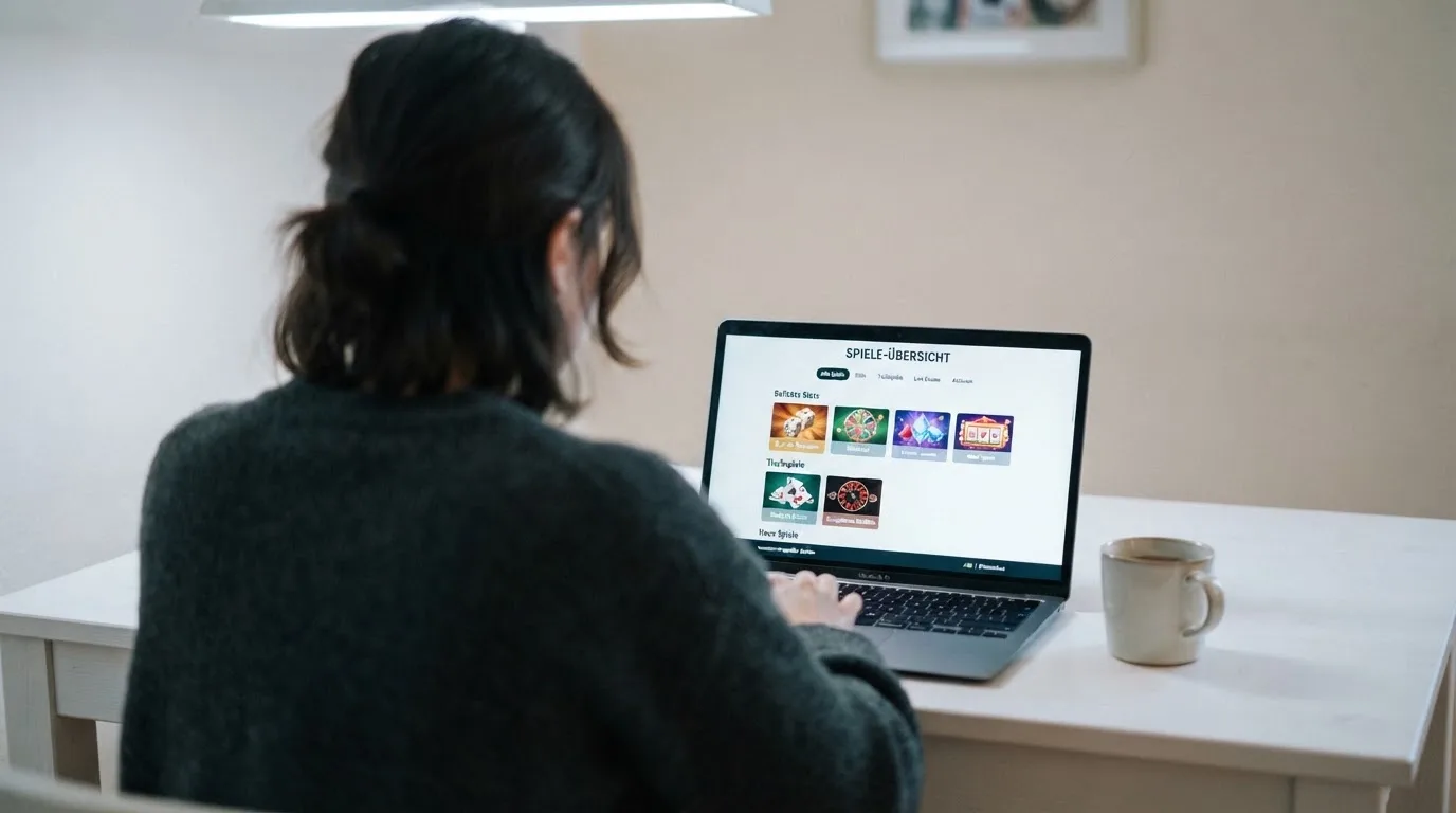 Person am Laptop liest eine Übersichtsseite zu Glücksspielen im Internet — 5 euro bonus ohne einzahlung casino