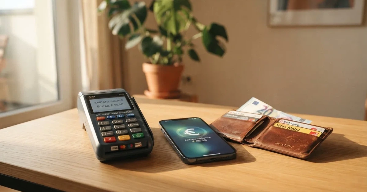 Kartenterminal und Smartphone auf einem Holztisch neben einer Geldbörse — 5 euro bonus ohne einzahlung casino