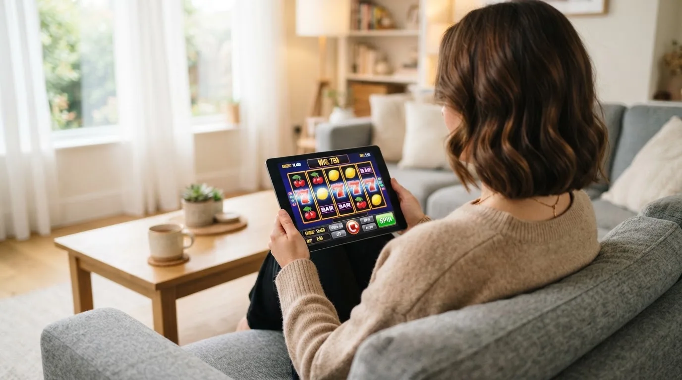 Person sitzt entspannt mit einem Tablet auf dem Schoß in einem hellen Wohnzimmer und blickt konzentriert auf den Bildschirm.