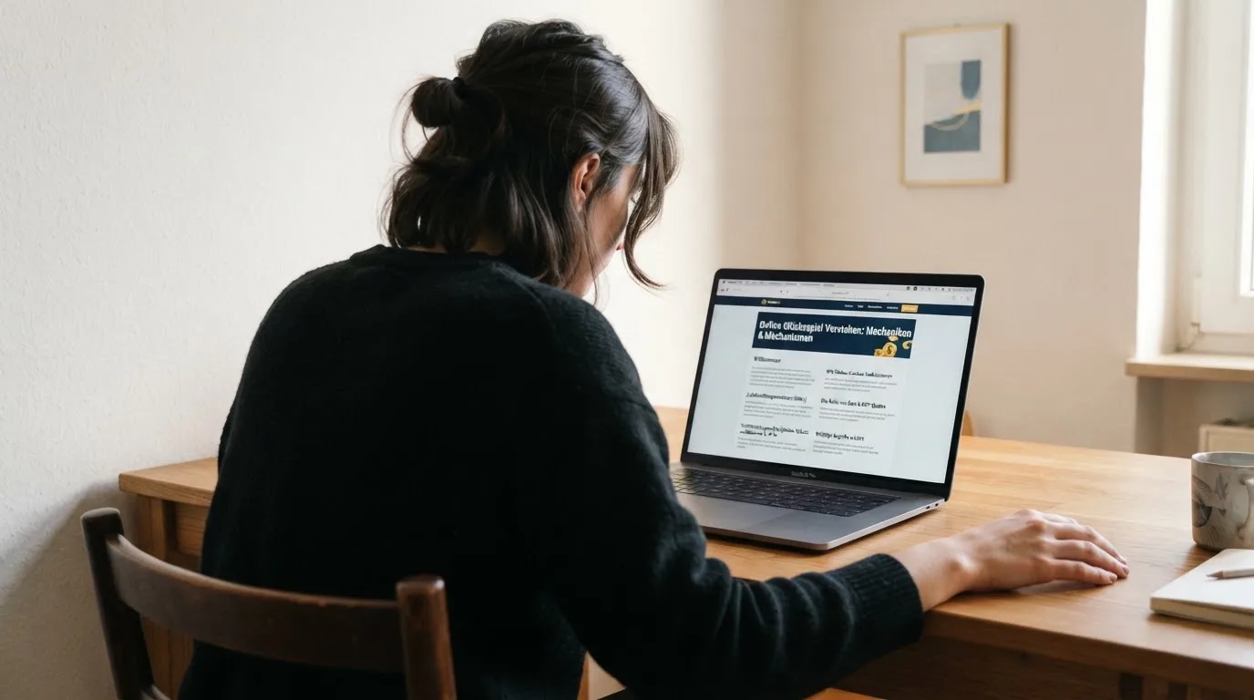 Person am Laptop liest eine Übersichtsseite zu Glücksspielen im Internet — aviator online casino
