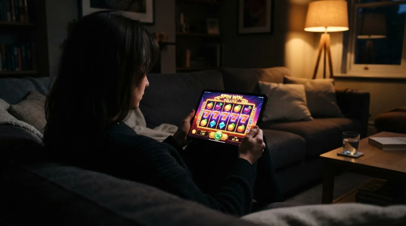 Person sitzt entspannt auf einem Sofa und blickt konzentriert auf ein Tablet in gedämpftem Wohnzimmerlicht am Abend.