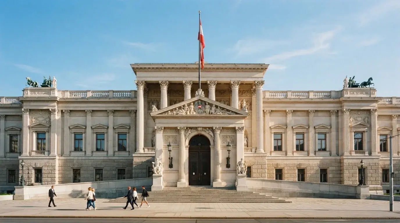 Fassade eines klassizistischen Wiener Amtsgebäudes mit österreichischer Flagge an einem klaren Nachmittag.