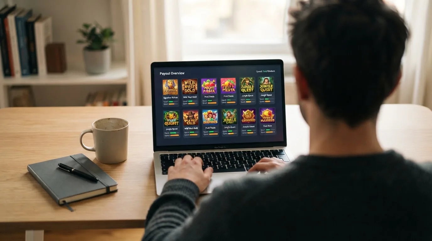 Person am Laptop liest eine Übersichtsseite zu Glücksspielen im Internet — beste casino mit schneller auszahlung