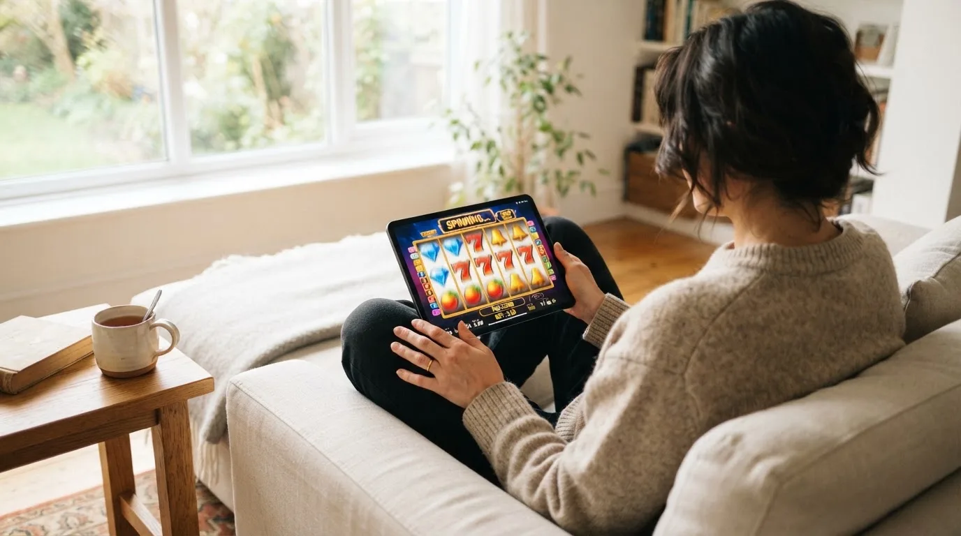 Person sitzt entspannt mit einem Tablet auf dem Schoß in einem hellen Wohnzimmer.