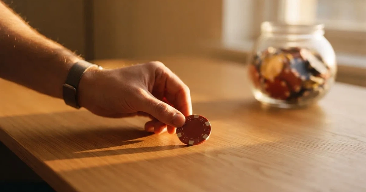 Nahaufnahme einer Hand, die Münzen in ein Sparschwein aus Glas auf einem Holztisch steckt.