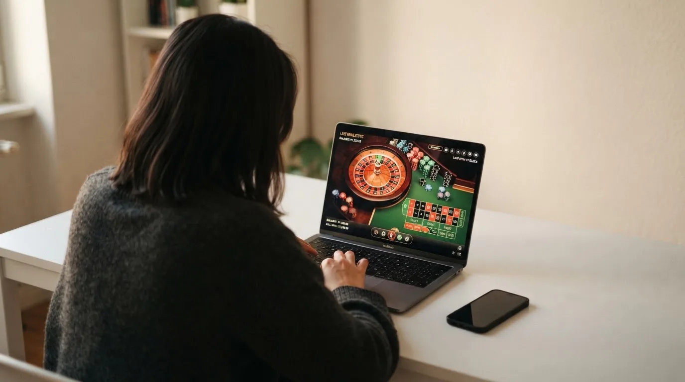 Person am Laptop liest eine Übersichtsseite zu Glücksspielen im Internet — beste craps online casinos österreich