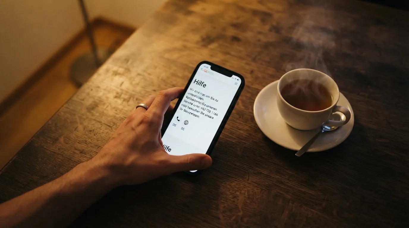 Hand hält ein Smartphone, daneben eine Tasse Tee, ruhige Abendstimmung am Küchentisch — beste online casino ausland