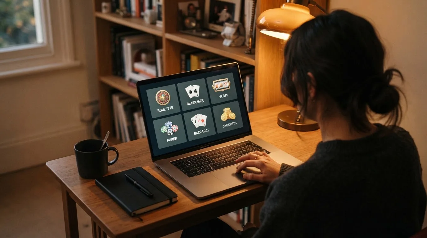 Person am Laptop liest eine Übersichtsseite zu Glücksspielen im Internet — beste online casino echtgeld app