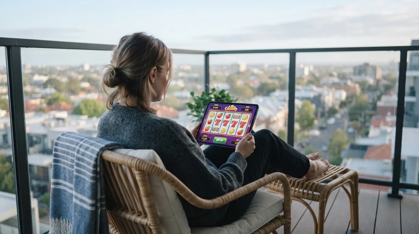 Person sitzt entspannt mit einem Tablet auf dem Balkon eines modernen Apartments.