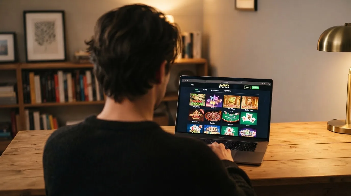 Person am Laptop liest eine Übersichtsseite zu Glücksspielen im Internet — beste online casino mit banküberweisung bezahlen