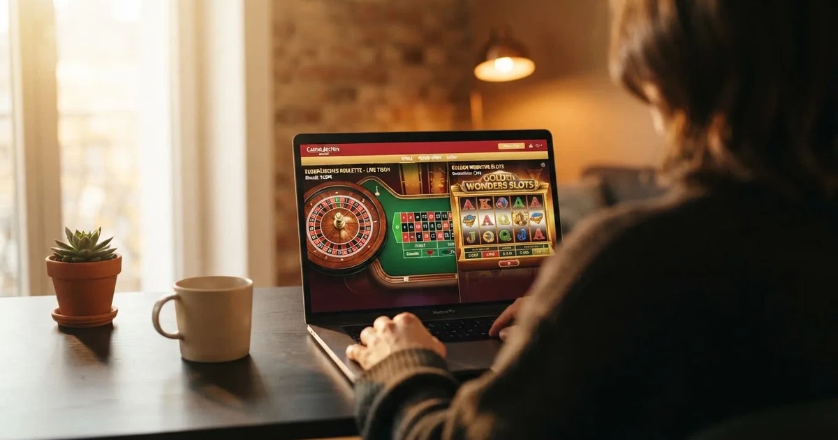 Person am Laptop liest eine Übersichtsseite zu Glücksspielen im Internet — beste online casino österreich