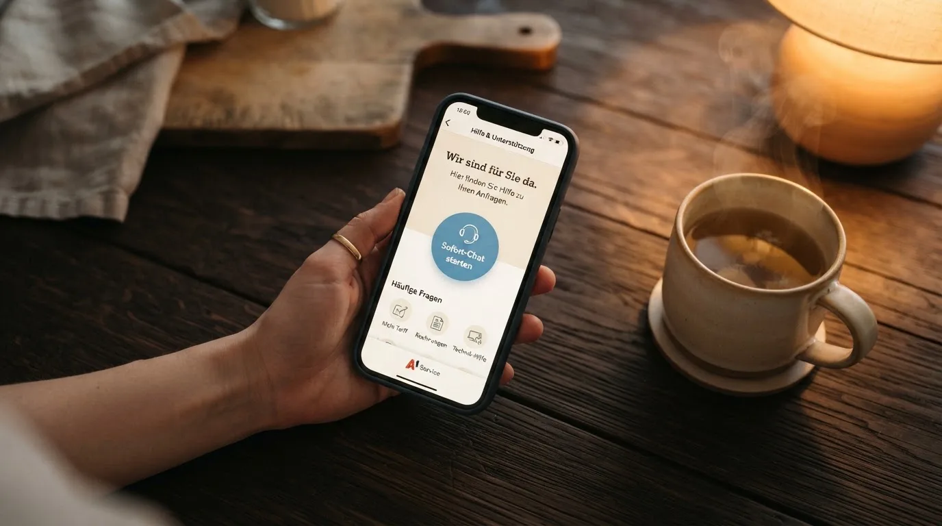 Hand hält ein Smartphone, daneben eine Tasse Tee, ruhige Abendstimmung am Küchentisch — beste online casino österreich