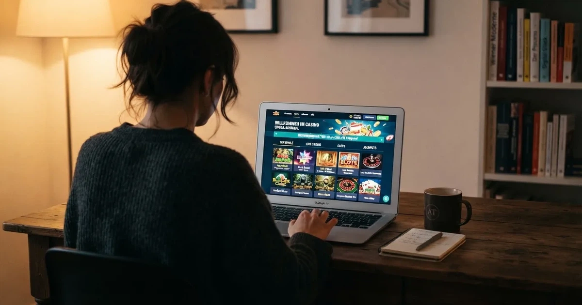 Person am Laptop liest eine Übersichtsseite zu Glücksspielen im Internet — beste online casinos echtgeld