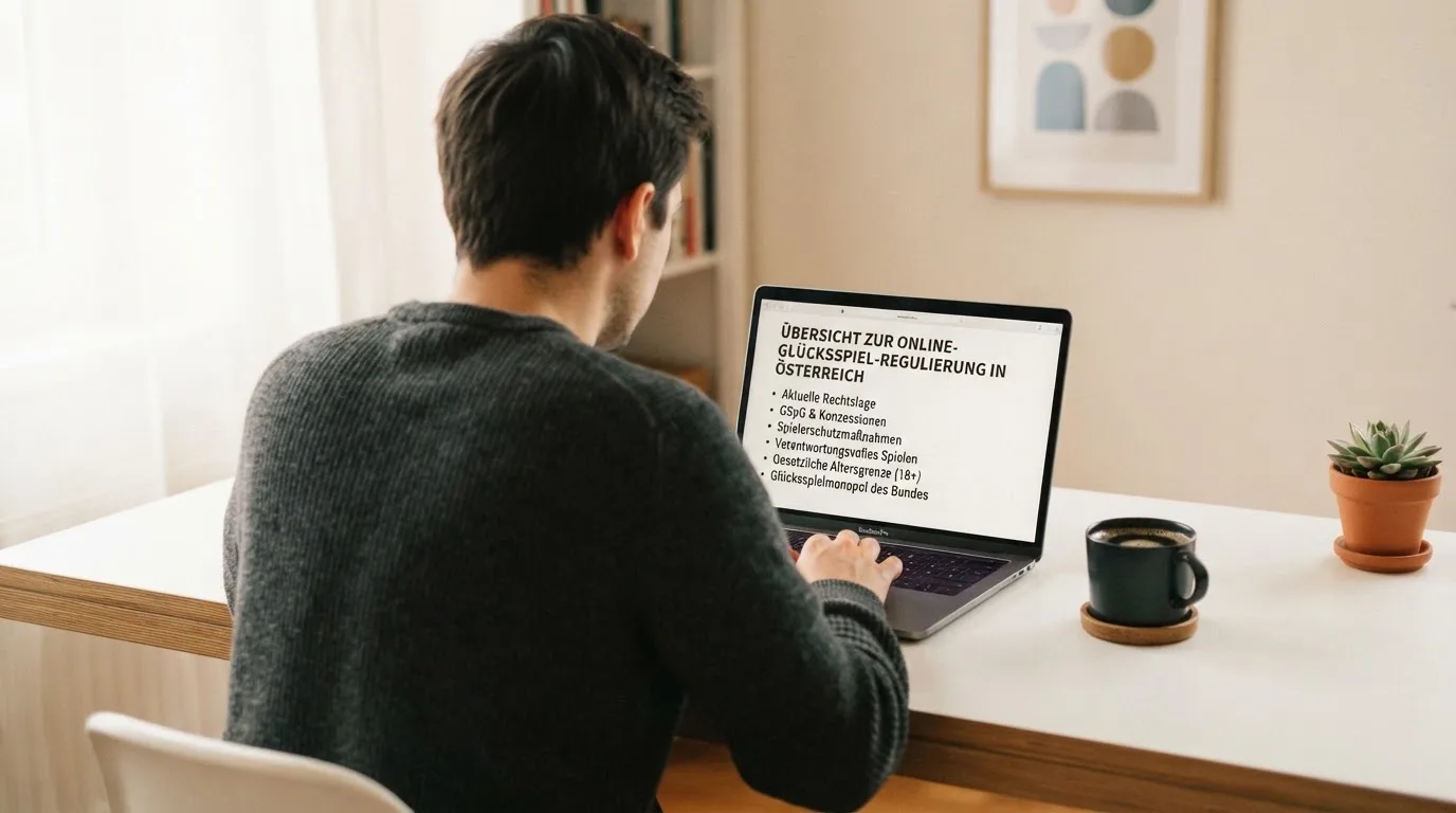 Person am Laptop liest eine Übersichtsseite zu Glücksspielen im Internet — beste online casinos mit österreichischer lizenz