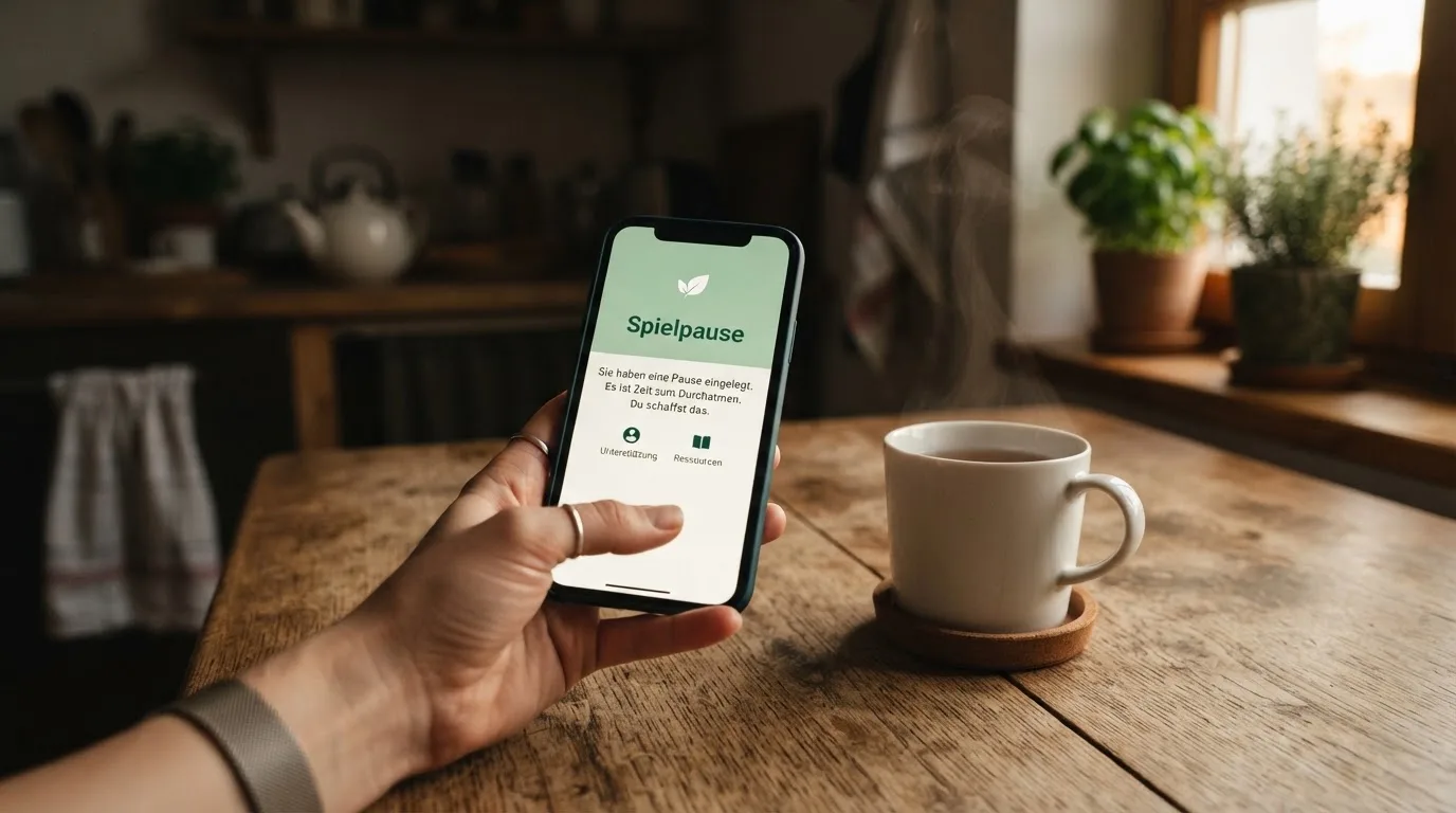 Hand hält ein Smartphone, daneben eine Tasse Tee, ruhige Abendstimmung am Küchentisch — beste online casinos mit österreichischer lizenz