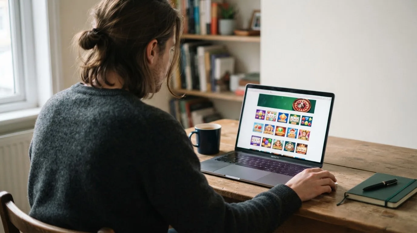 Person am Laptop liest eine Übersichtsseite zu Glücksspielen im Internet — beste online casinos österreich mit no deposit bonus