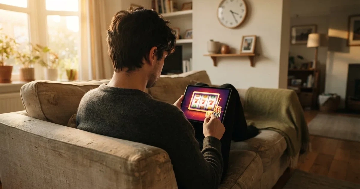 Person am Sofa schaut nachdenklich auf ein Tablet, im Hintergrund eine Uhr — beste online casinos österreich mit no deposit bonus