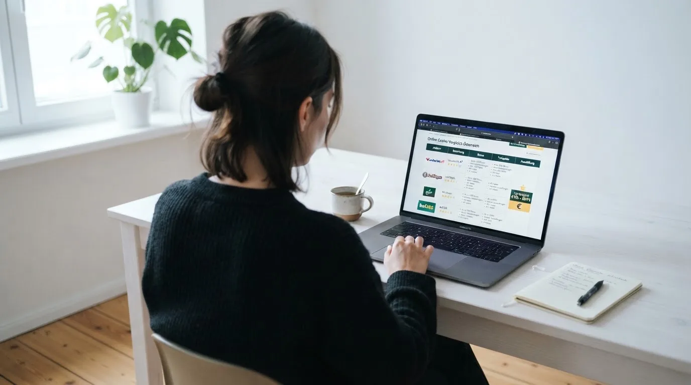Person am Laptop liest eine Übersichtsseite zu Glücksspielen im Internet — beste online casinos ohne limit