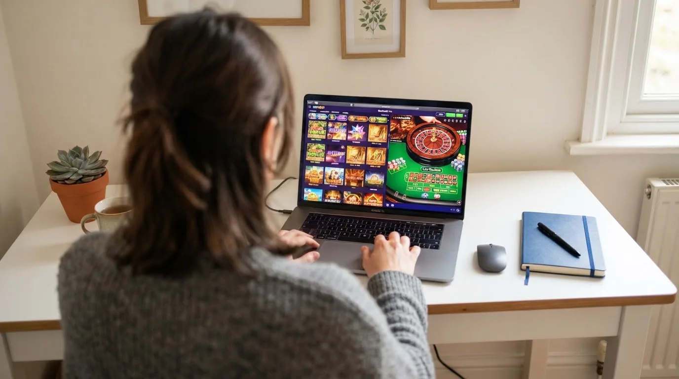 Person am Laptop liest eine Übersichtsseite zu Glücksspielen im Internet — beste online casinos ohne verifizierung