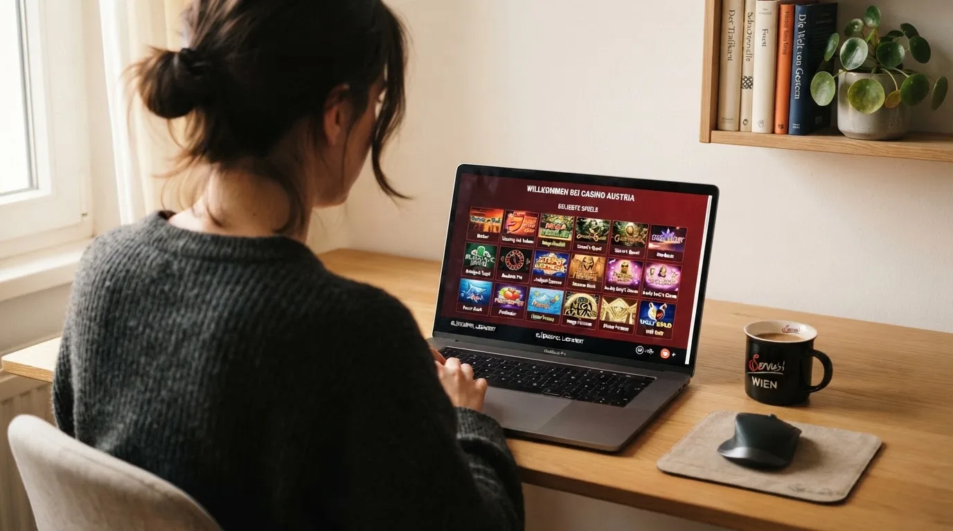 Person am Laptop liest eine Übersichtsseite zu Glücksspielen im Internet — beste online spielothek casinos