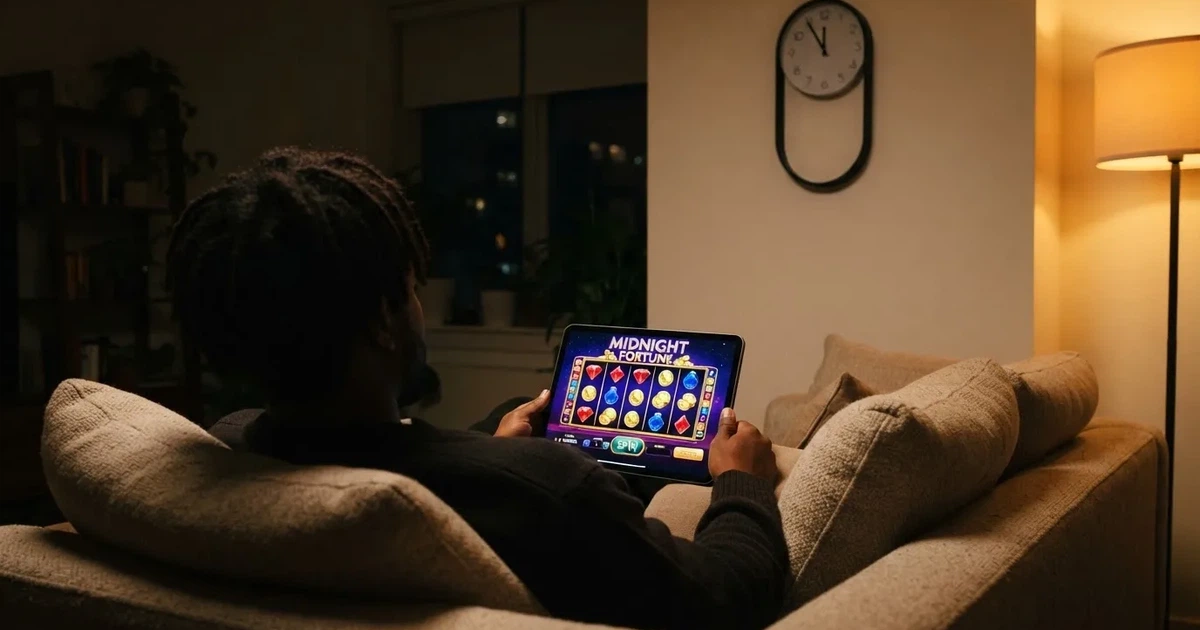 Person am Sofa schaut nachdenklich auf ein Tablet, im Hintergrund eine Uhr — bester willkommensbonus online casino