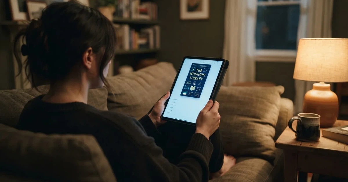 Person sitzt entspannt auf einem Sofa und blickt konzentriert auf ein Tablet in gedämpftem Wohnzimmerlicht am Abend.