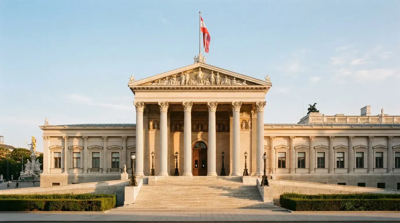 Fassade eines klassizistischen Wiener Amtsgebäudes mit österreichischer Flagge an einem klaren Nachmittag.
