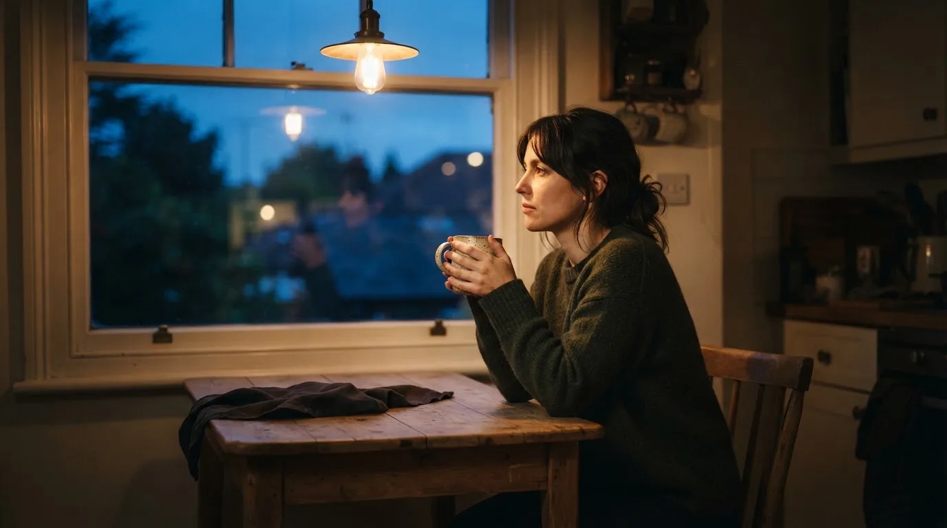 Person sitzt allein an einem Küchentisch mit einer Tasse Tee und blickt nachdenklich aus dem Fenster am Abend.
