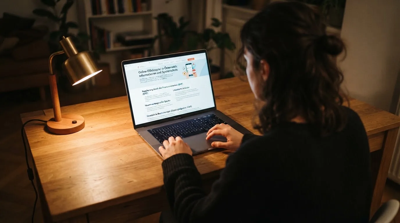 Person am Laptop liest eine Übersichtsseite zu Glücksspielen im Internet — binance coin casino vergleich
