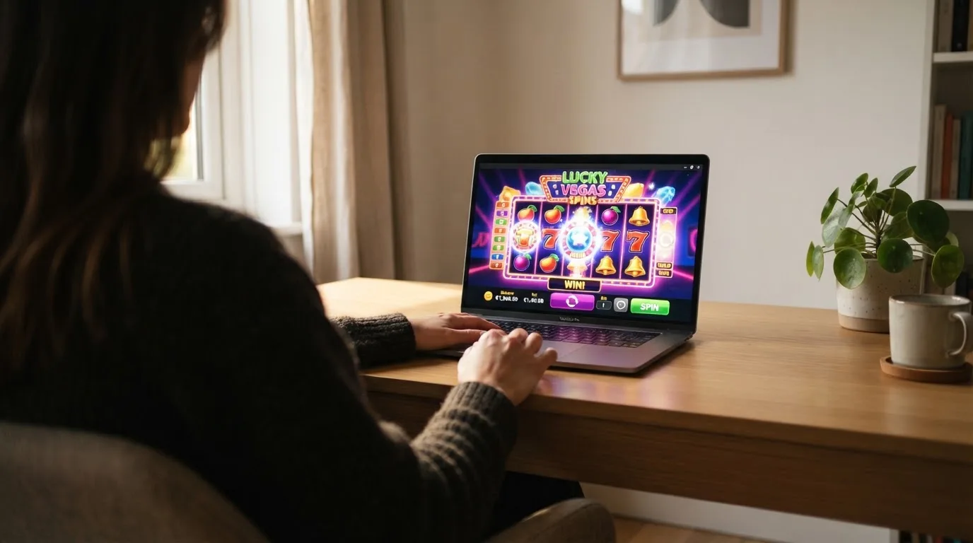 Person am Laptop liest eine Übersichtsseite zu Glücksspielen im Internet — bitcoin cash casino vergleich