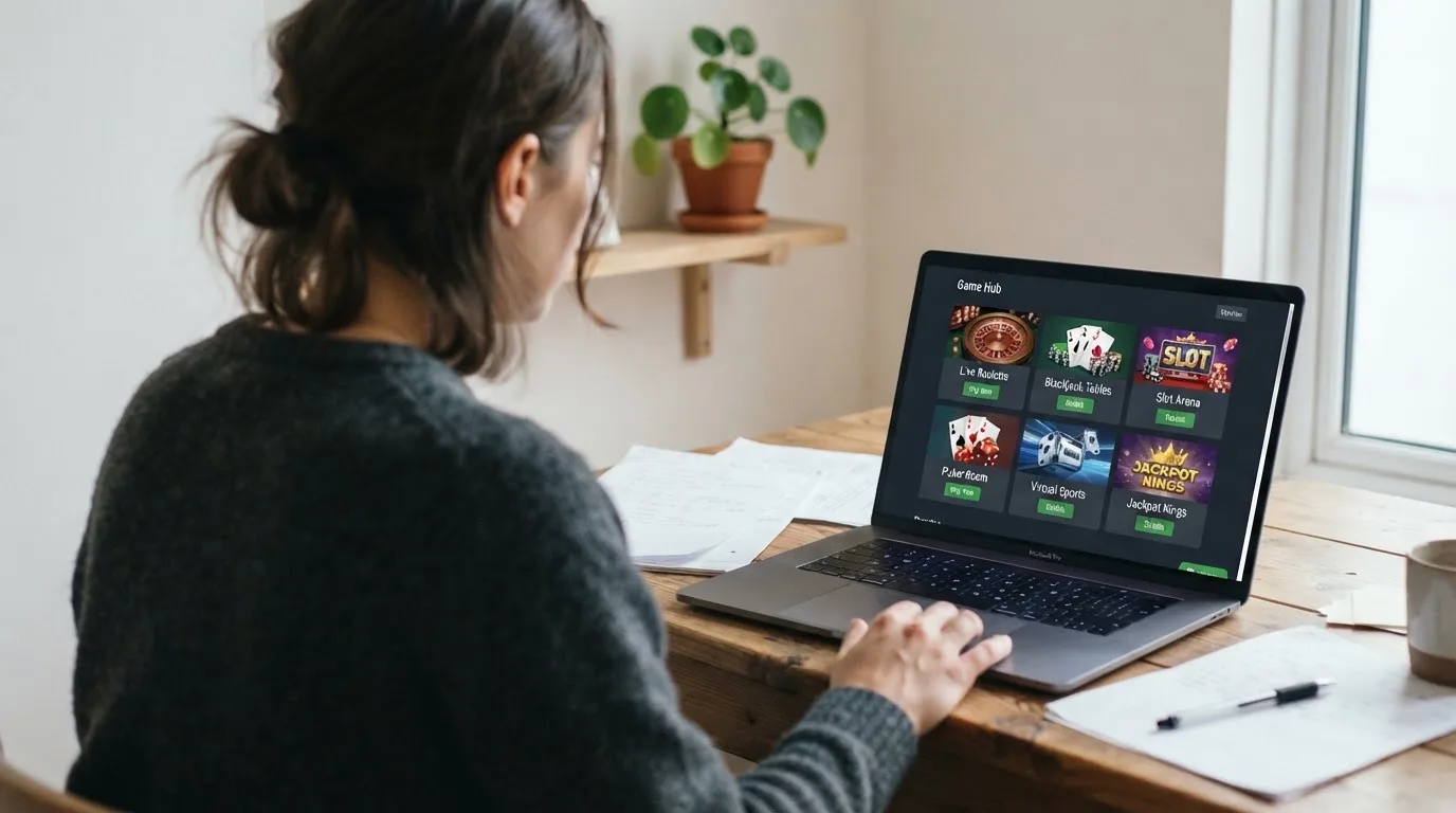 Person am Laptop liest eine Übersichtsseite zu Glücksspielen im Internet — casino bonus ohne einzahlung