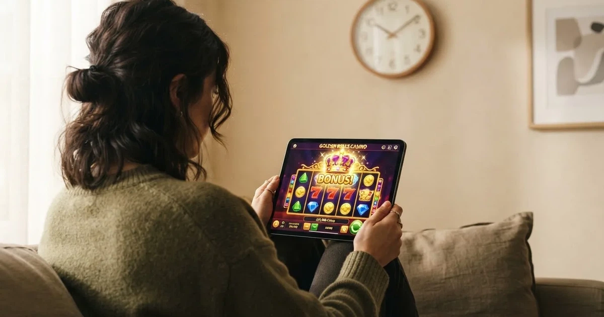Person am Sofa schaut nachdenklich auf ein Tablet, im Hintergrund eine Uhr — casino bonus ohne einzahlung