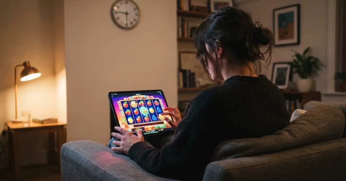 Person am Sofa schaut nachdenklich auf ein Tablet, im Hintergrund eine Uhr — casino guthaben ohne einzahlung