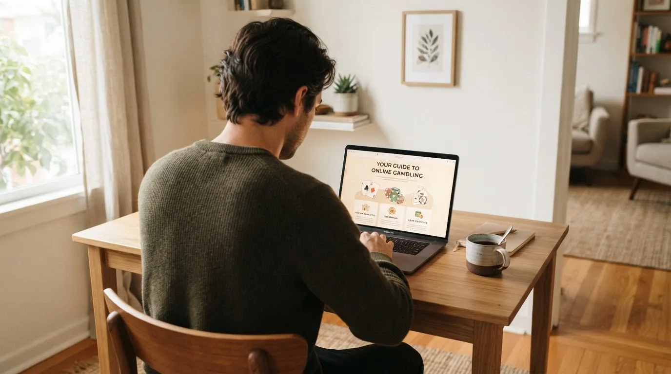 Person am Laptop liest eine Übersichtsseite zu Glücksspielen im Internet — casino mit hoher gewinnchance