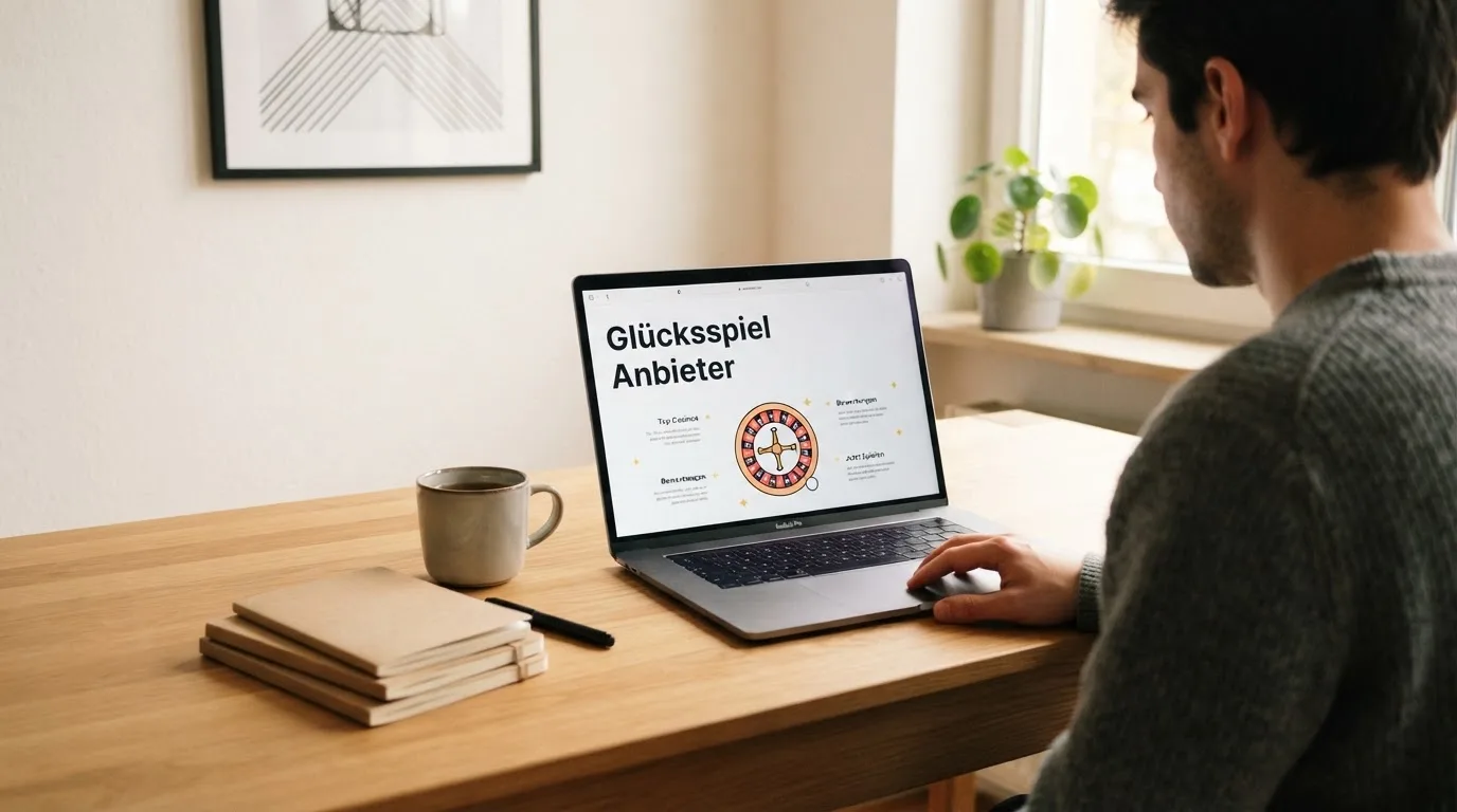 Person am Laptop liest eine Übersichtsseite zu Glücksspielen im Internet — casino online mit bonus ohne einzahlung