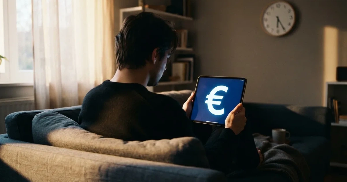 Person am Sofa schaut nachdenklich auf ein Tablet, im Hintergrund eine Uhr — casino online mit bonus ohne einzahlung