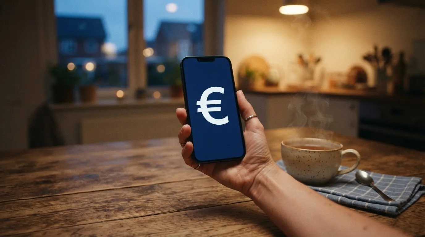 Hand hält ein Smartphone, daneben eine Tasse Tee, ruhige Abendstimmung am Küchentisch — freie 90 tage qualifikationszeitraum casino