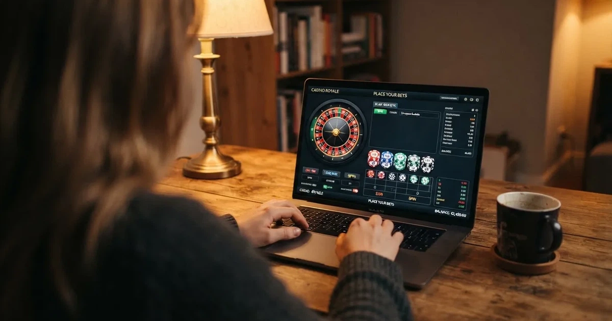 Person am Laptop liest eine Übersichtsseite zu Glücksspielen im Internet — freie 90 tage qualifikationszeitraum casino