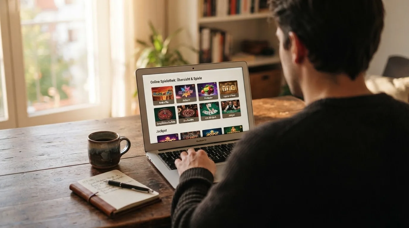 Person am Laptop liest eine Übersichtsseite zu Glücksspielen im Internet — online casino mit autoplay