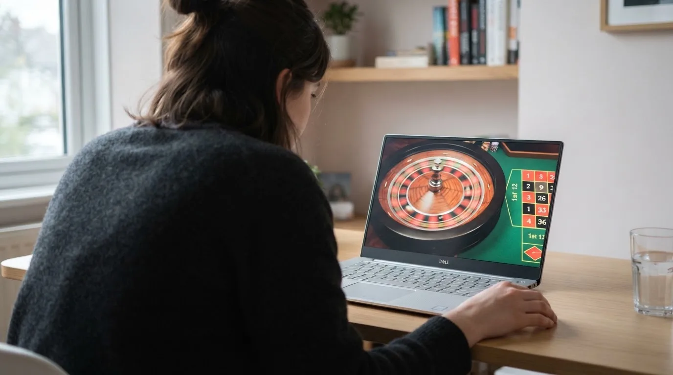 Person am Laptop liest eine Übersichtsseite zu Glücksspielen im Internet — online casino ohne auszahlungslimit