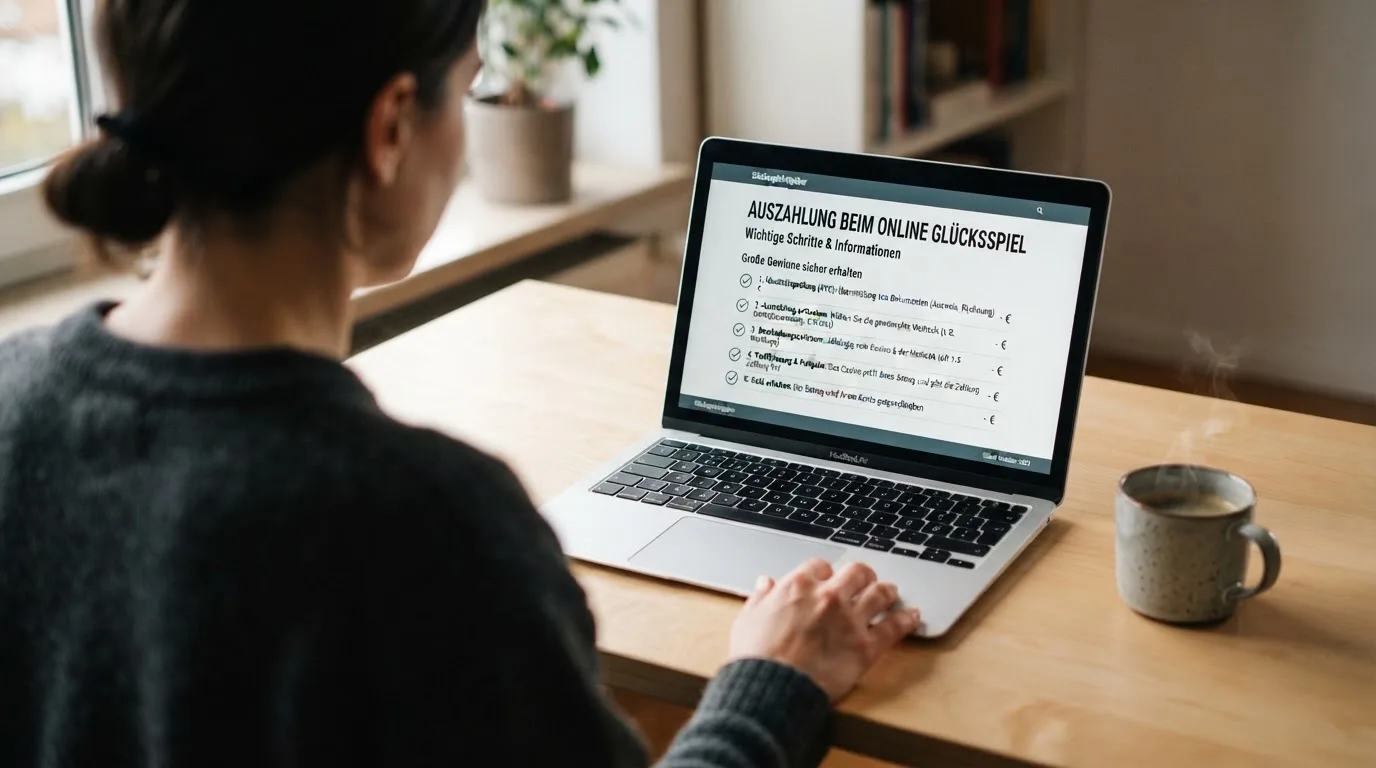 Person am Laptop liest eine Übersichtsseite zu Glücksspielen im Internet — online casino schnelle auszahlung