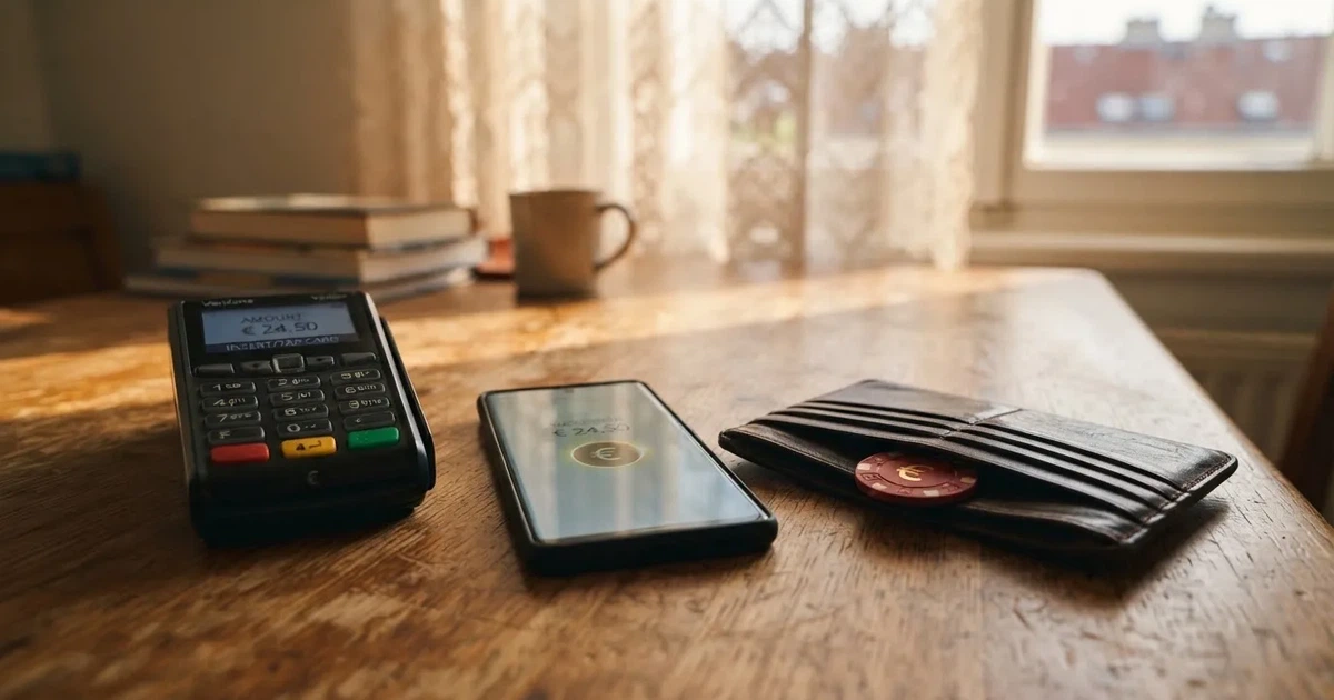 Kartenterminal und Smartphone auf einem Holztisch neben einer Geldbörse — online casino schnelle auszahlung