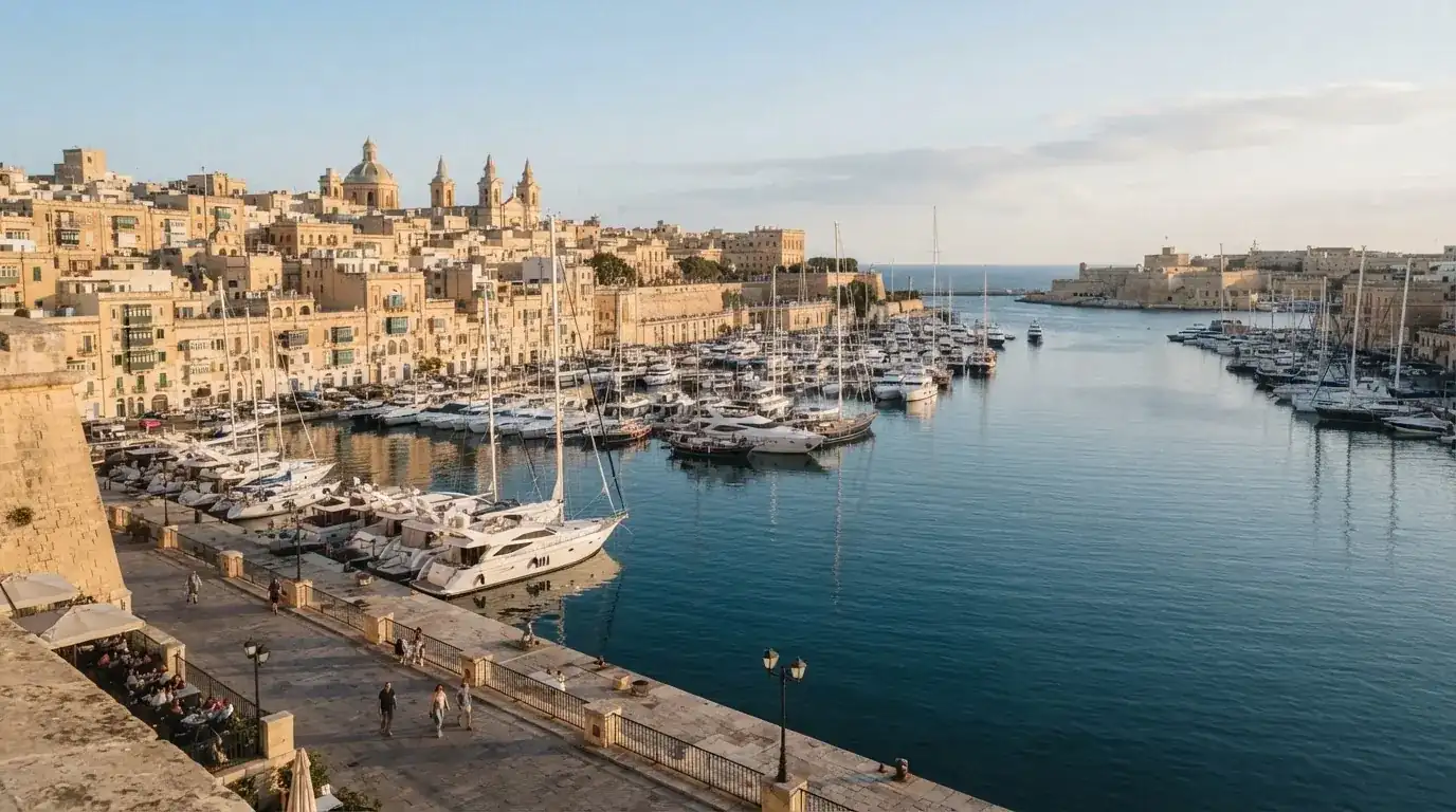 Blick auf einen Hafen mit Yachten in Malta bei klarem Himmel am späten Nachmittag.