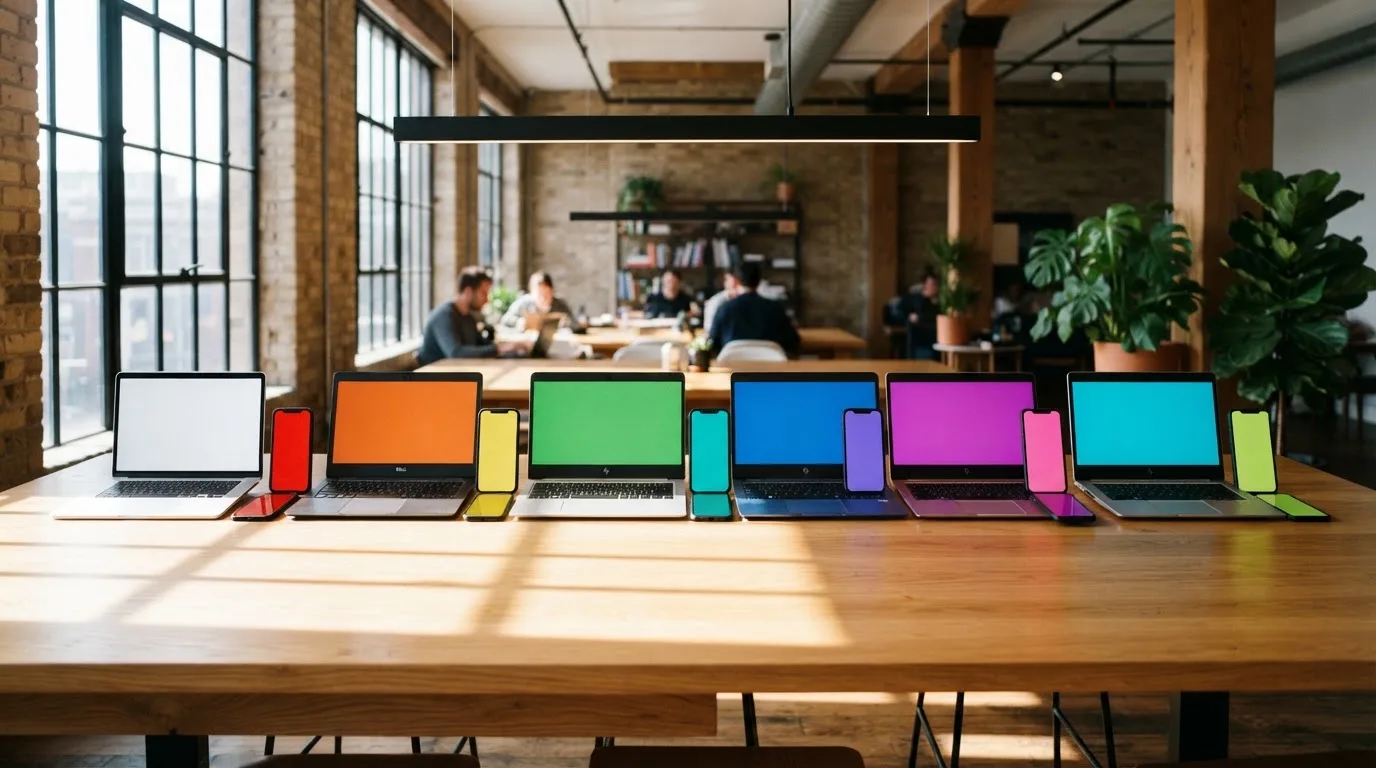 Reihe an Laptops und Smartphones auf einem Tisch in einem hellen Coworking-Raum, aus leichter Distanz fotografiert.